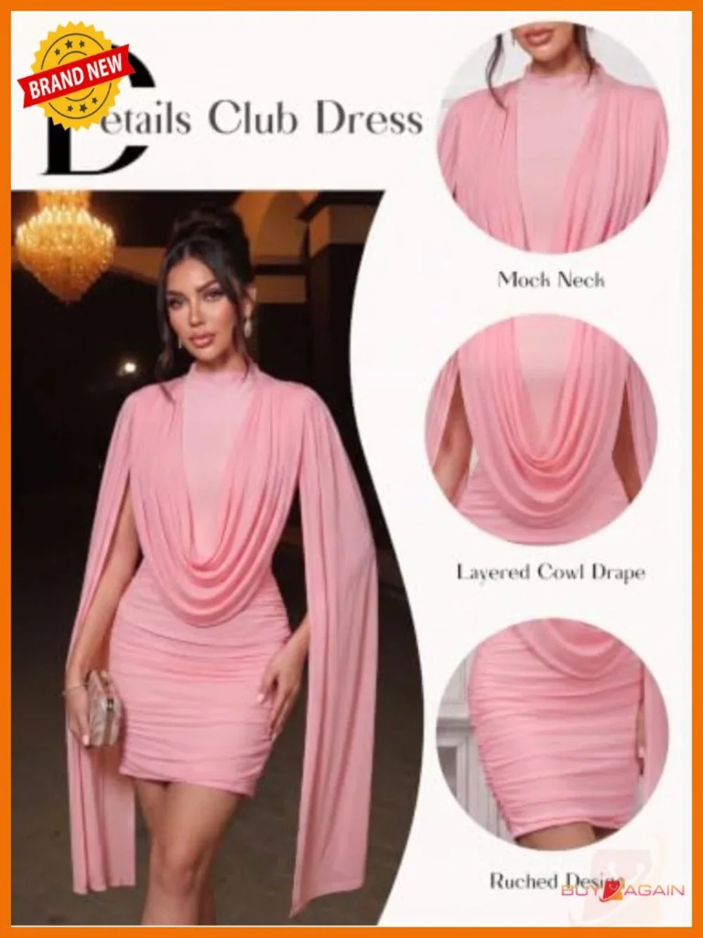 Women's Mesh Cape Sleeve Cowl Neck Ruched Bodycon Mini Dress